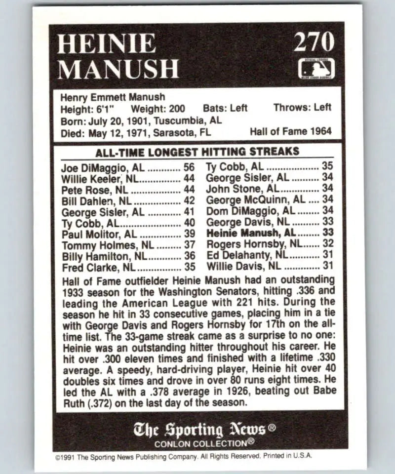 Baseball card of Heinie Manush featuring career stats and achievements, Washington Senators