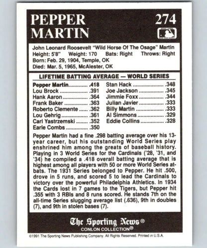 Pepper Martin’s World Series batting statistics on 1991 Conlon Collection baseball card