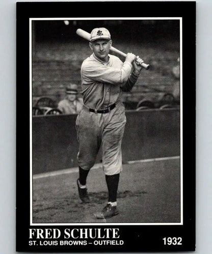 Black and white photo of Fred Schulte in a St. Louis Browns uniform batting stance