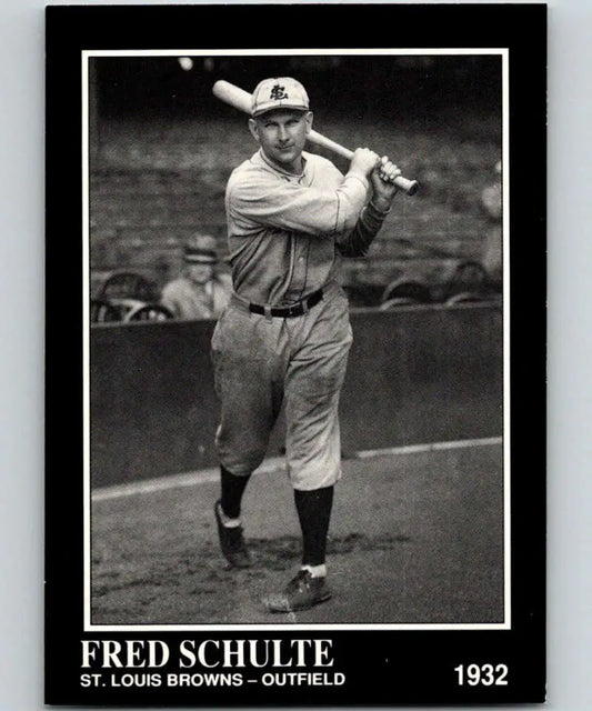 Black and white photo of Fred Schulte in a St. Louis Browns uniform batting stance
