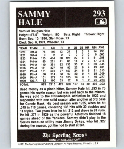 Sammy Hale 1991 Conlon Collection Baseball Card with career stats and biographical info