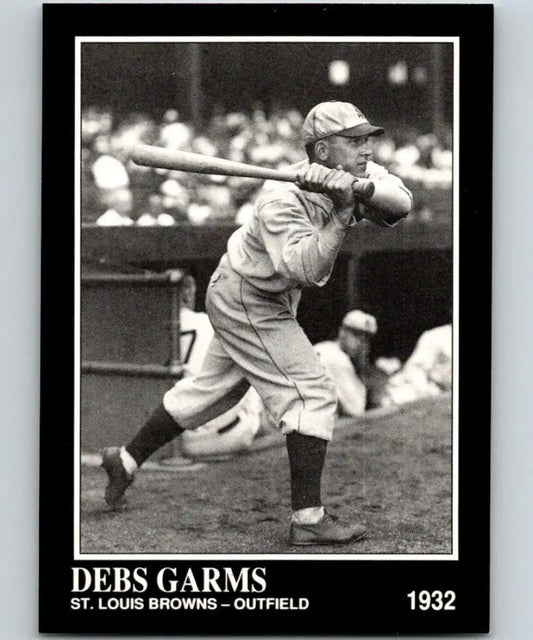 Black and white photo of Debs Garms at bat in St. Louis Browns uniform 1932