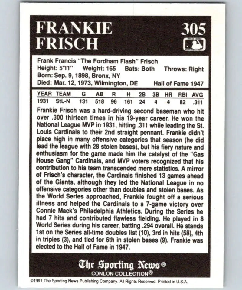 Baseball card of Frankie Frisch from the Conlon Collection for St. Louis Cardinals fans