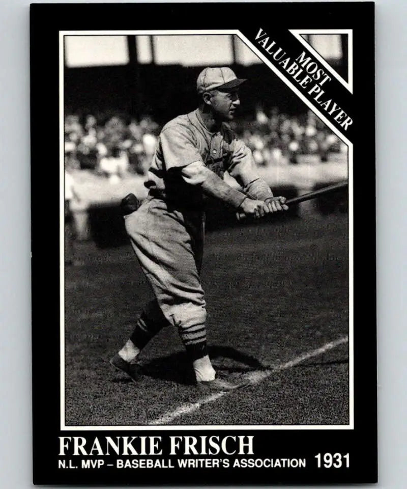Black and white baseball card of Frankie Frisch in a batting stance for Louis Cardinals