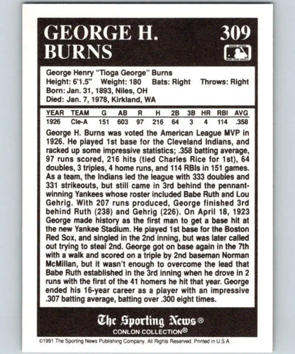Baseball card of George Burns from the 1991 Conlon Collection, Cleveland Indians highlights