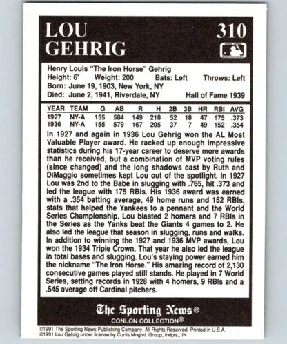Lou Gehrig baseball card with career stats from the 1991 Conlon Collection, New York Yankees