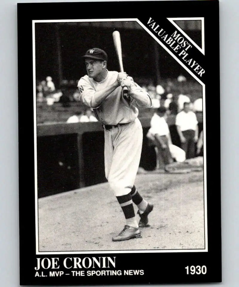 Black and white photo of Joe Cronin in classic batting stance for Washington Senators