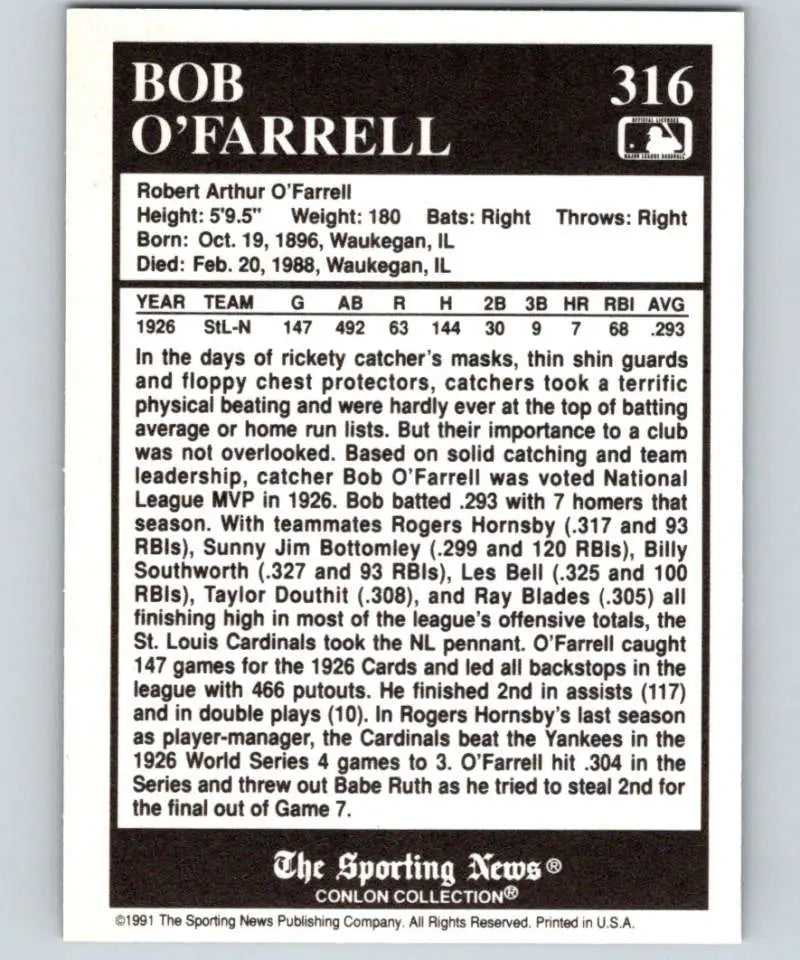 Baseball card featuring Bob O’Farrell statistics from the Conlon Collection, St. Louis Cardinals