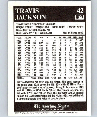 Travis Jackson career stats and bio on 1991 Conlon Collection New York Giants Baseball Card