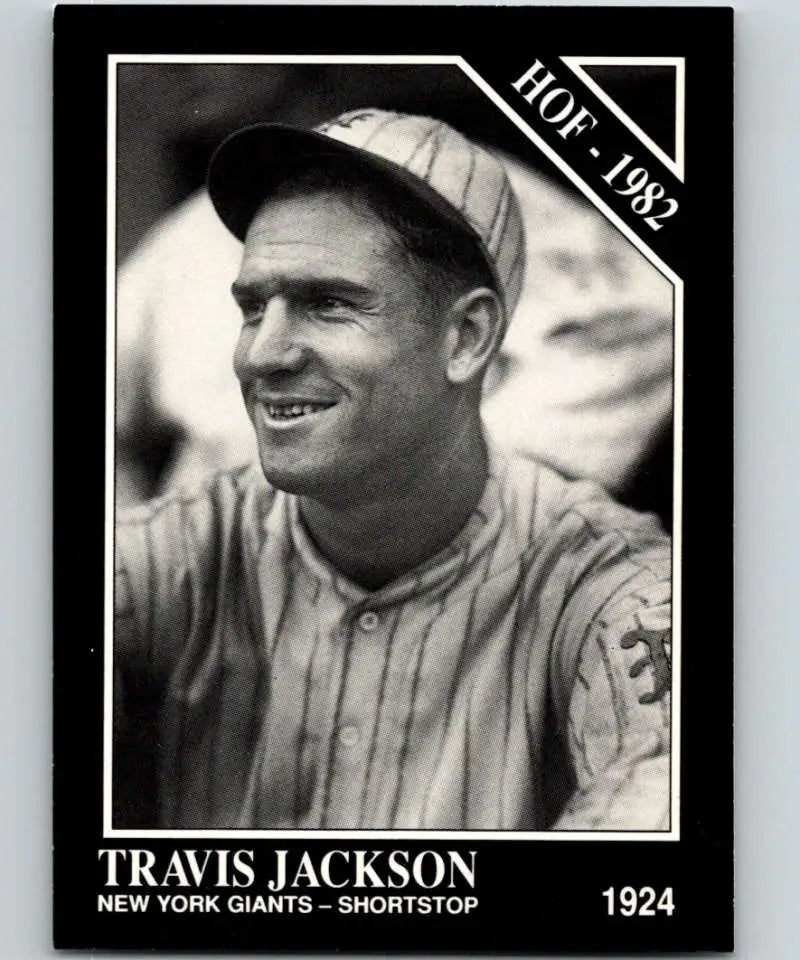 Black and white image of Travis Jackson in New York Giants uniform on baseball card