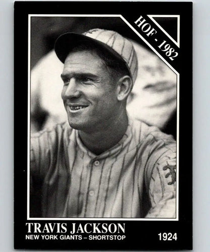 Black and white image of Travis Jackson in New York Giants uniform on baseball card