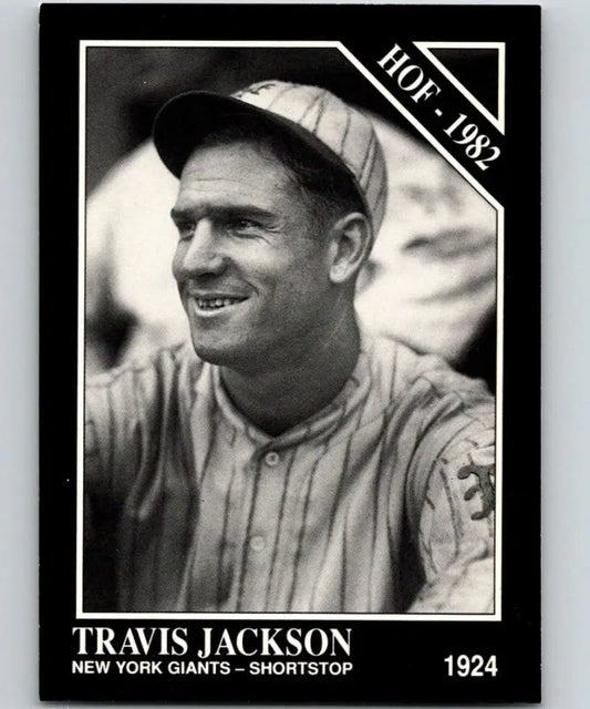 Black and white image of Travis Jackson in New York Giants uniform on baseball card