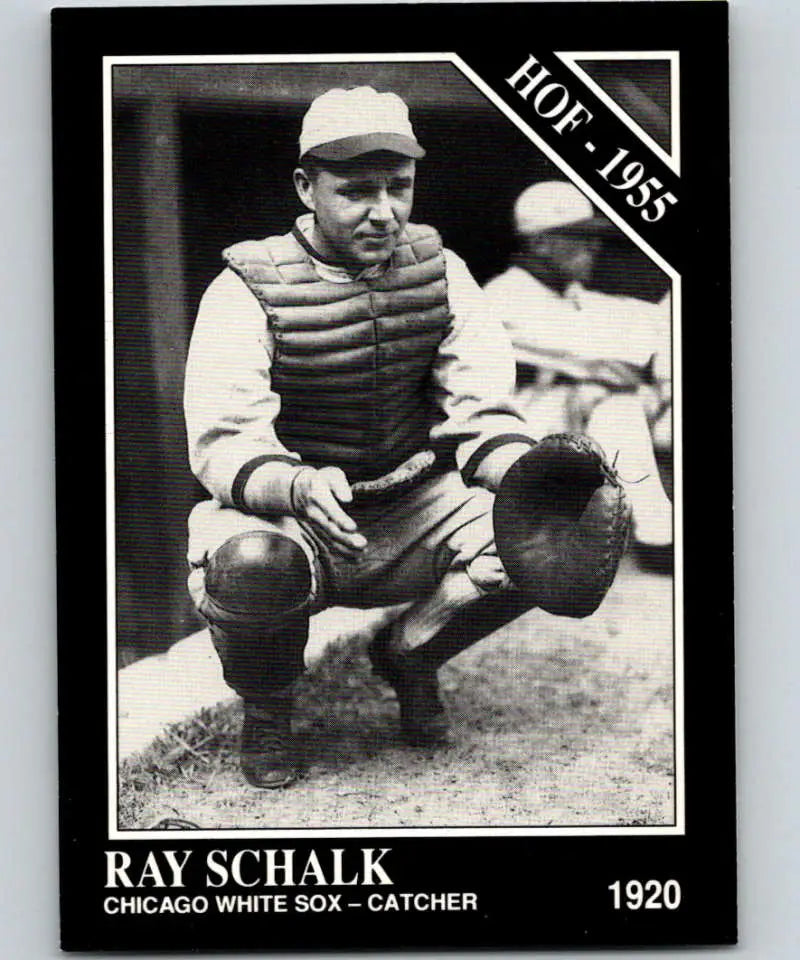 Black and white Chicago White Sox baseball card of catcher Ray Schalk in action