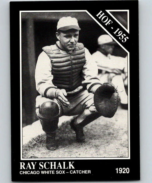 Black and white Chicago White Sox baseball card of catcher Ray Schalk in action