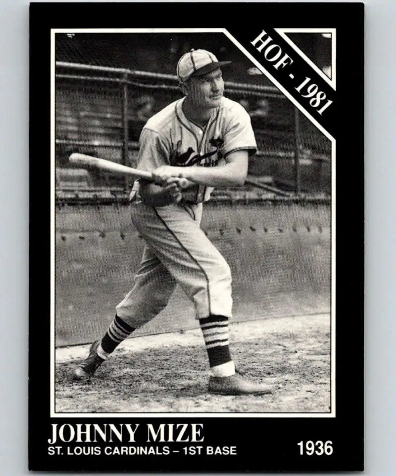 Black and white baseball card of Johnny Mize in St. Louis Cardinals uniform at bat