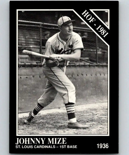 Black and white baseball card of Johnny Mize in St. Louis Cardinals uniform at bat