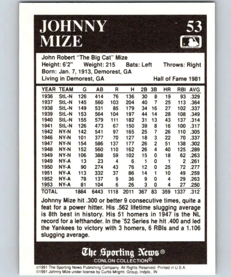 Johnny Mize 1991 Conlon Collection #53 Baseball Card with stats for St. Louis Cardinals