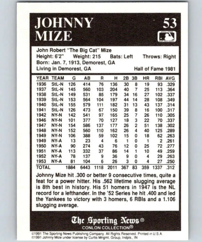 Johnny Mize 1991 Conlon Collection #53 Baseball Card with stats for St. Louis Cardinals