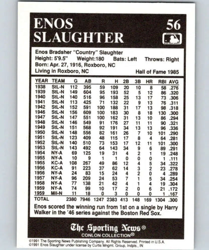 Enos Slaughter 1991 Conlon Collection baseball card with career stats for St. Louis Cardinals