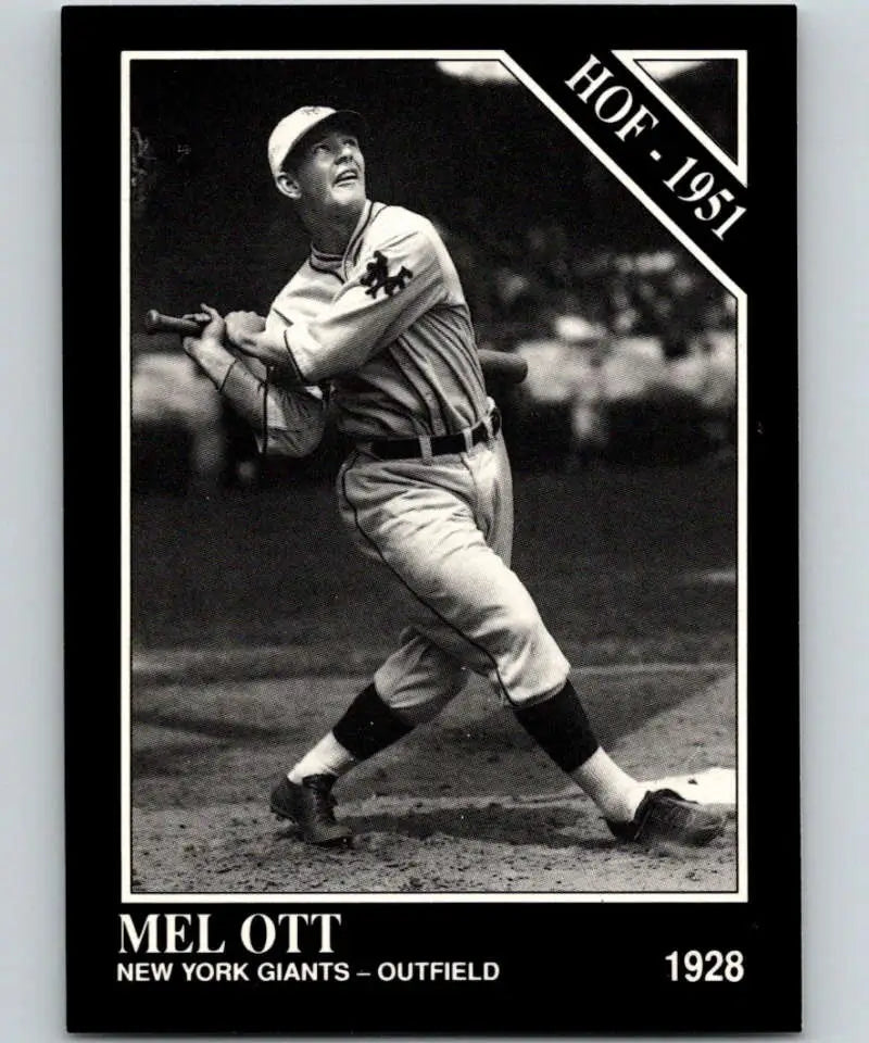 Black and white baseball card of Mel Ott swinging bat for New York Giants 1928 Conlon Collection