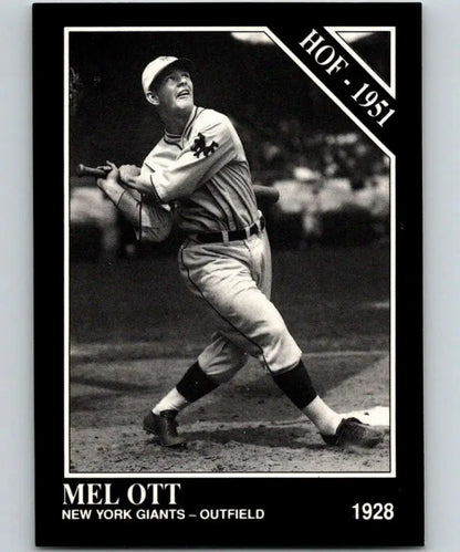 Black and white baseball card of Mel Ott swinging bat for New York Giants 1928 Conlon Collection