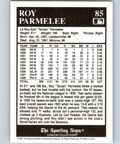 Baseball card featuring Roy Parmelee’s MLB stats from the Conlon Collection, Louis Cardinals