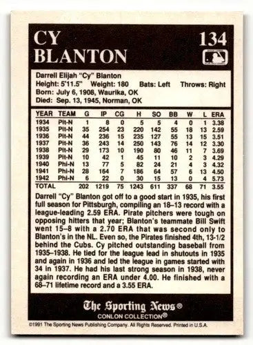 1991 Conlon Collection TSN #134 Cy Blanton Pittsburgh Pirates Baseba ID:52910 - Baseball Card