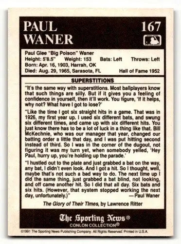 1991 Conlon Collection TSN #167 Paul Waner Pittsburgh Pirates Baseba ID:52948 - Trading Cards