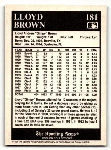 1991 Conlon Collection TSN #181 Lloyd Brown Cleveland Indians Baseba ID:52936 - Baseball Cards