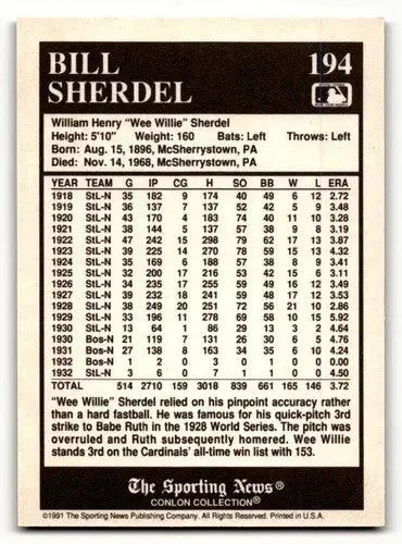 1991 Conlon Collection TSN #194 Bill Sherdel St. Louis Cardinals Bas ID:52874 - Baseball Card