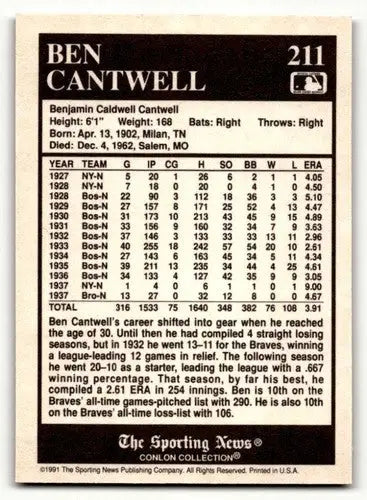 1991 Conlon Collection TSN #211 Ben Cantwell Boston Braves Baseball ID:52848 - Baseball Cards