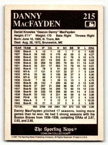 1991 Conlon Collection TSN #215 Danny MacFayden Boston Braves Baseba ID:52845 - Baseball Cards