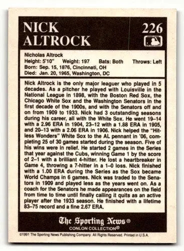 1991 Conlon Collection TSN #226 Nick Altrock Chicago White Sox Baseb ID:52836 - Baseball Cards