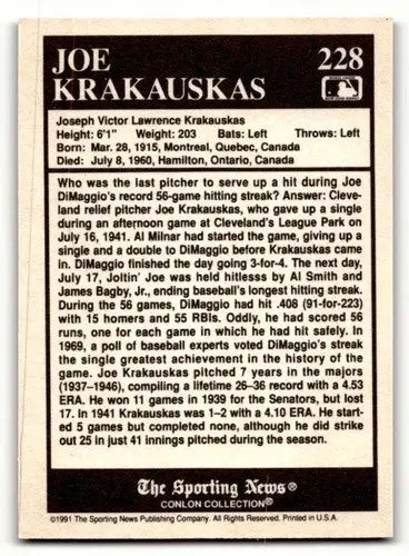 1991 Conlon Collection TSN #228 Joe Krakauskas Cleveland Indians Bas ID:52834 - Baseball Cards