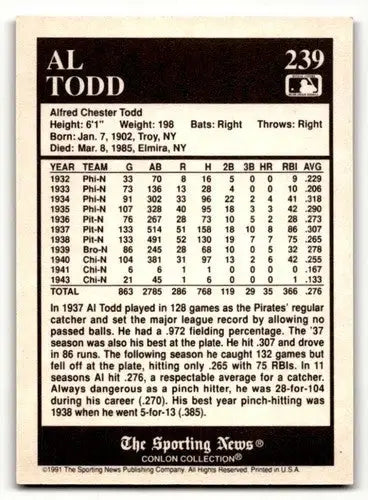 1991 Conlon Collection TSN #239 Al Todd Philadelphia Phillies Baseba ID:53016 - Baseball Cards