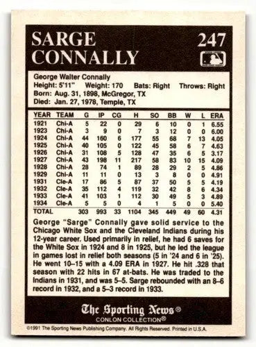 1991 Conlon Collection TSN #247 Sarge Connally Cleveland Indians Bas ID:53009 - Baseball Cards