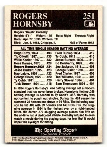 1991 Conlon Collection TSN #251 Rogers Hornsby St. Louis Cardinals B ID:53005 - Trading Cards