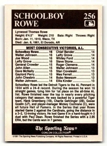 1991 Conlon Collection TSN #256 Schoolboy Rowe Detroit Tigers Baseba ID:53002 - Baseball Cards