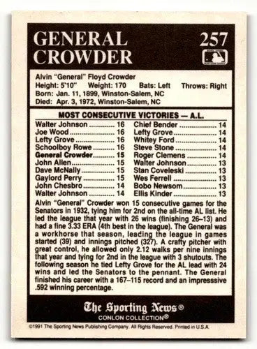 1991 Conlon Collection TSN #257 General Crowder Washington Senators ID:53001 - Baseball Cards
