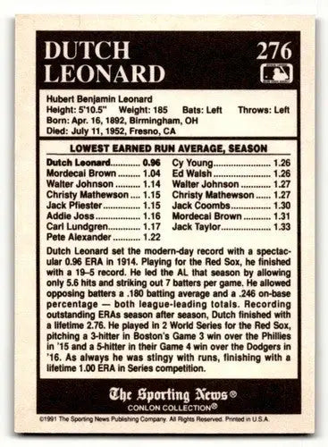 1991 Conlon Collection TSN #276 Dutch Leonard Boston Red Sox Basebal ID:52956 - Baseball Cards