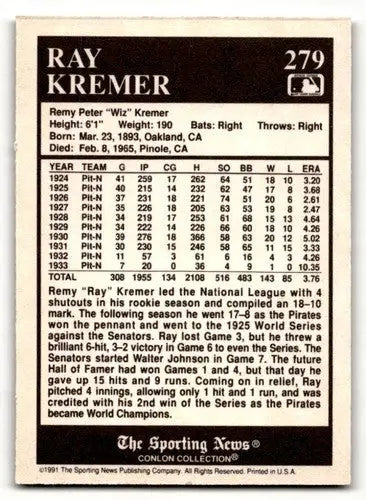 1991 Conlon Collection TSN #279 Ray Kremer Pittsburgh Pirates Baseba ID:52953 - Baseball Cards