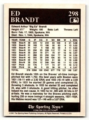 1991 Conlon Collection TSN #298 Ed Brandt Boston Braves Baseball Car ID:52977 - Baseball Cards