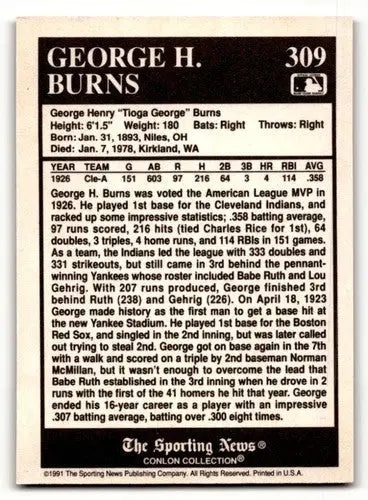 1991 Conlon Collection TSN #309 George H. Burns Cleveland Indians Ba ID:52982 - Baseball Cards