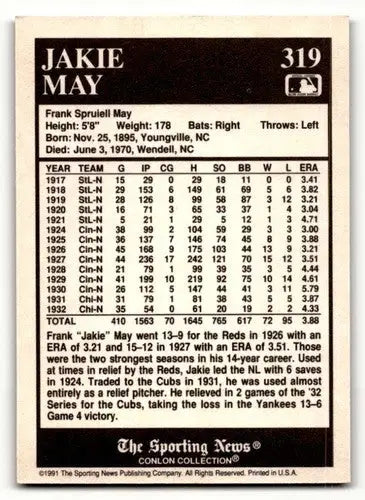 1991 Conlon Collection TSN #319 Jakie May Cincinnati Reds Baseball C ID:52979 - Baseball Cards