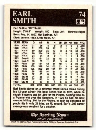 1991 Conlon Collection TSN #74 Earl Smith Pittsburgh Pirates Basebal ID:52856 - Baseball Cards