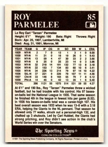 1991 Conlon Collection TSN #85 Roy Parmelee St. Louis Cardinals Base ID:52926 - Baseball Card