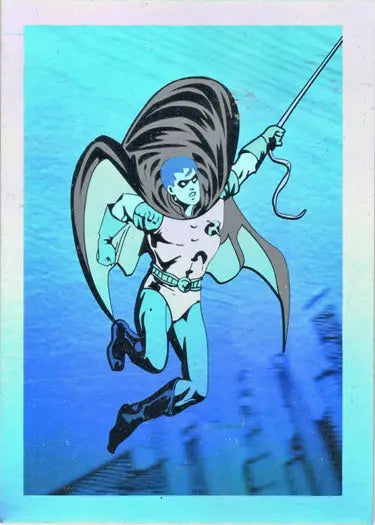 Blue-skinned anime character with grappling hook on 1991 DC Robin II trading card