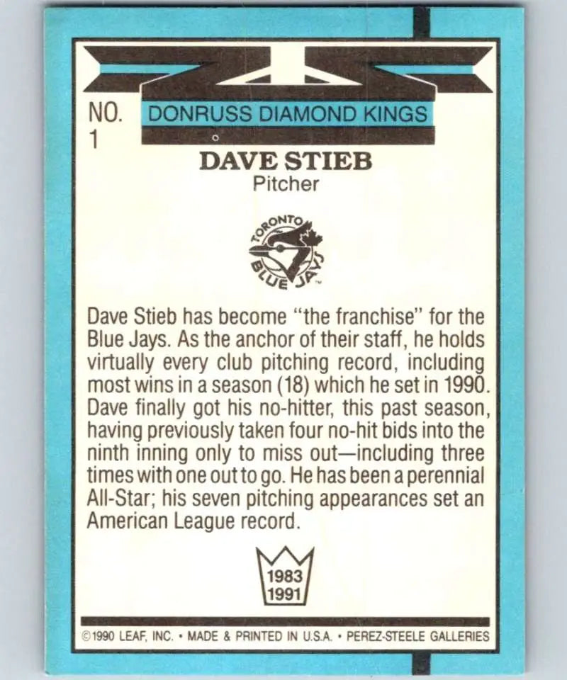 1991 Donruss Dave Stieb DK baseball card featuring Toronto Blue Jays pitcher