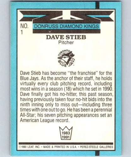 1991 Donruss Dave Stieb DK baseball card featuring Toronto Blue Jays pitcher