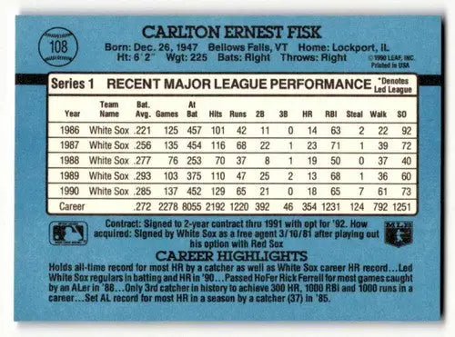 1991 Donruss #108 Carlton Fisk Chicago White Sox Baseball Cards EX/N ID:57663 - Baseball Cards